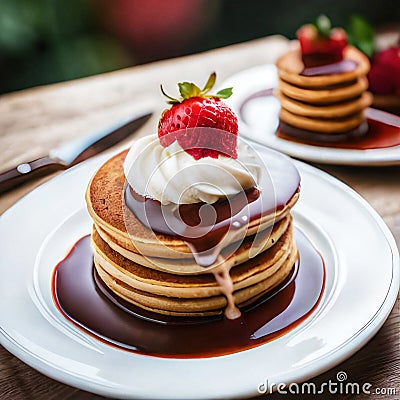 Strawberry pancakes maple syrup dessert Stock Photo