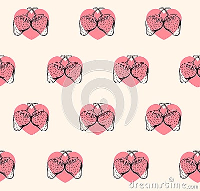 Strawberry pattern with heats pastel color Vector Illustration