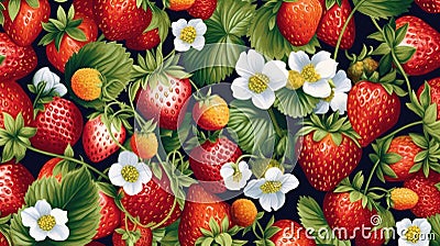 Strawberry pattern. Illustration of ripe 3d strawberries. Fruit background. Vector Illustration