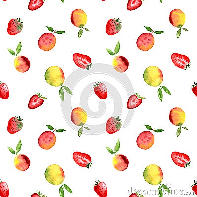 Strawberry peach apricot ripe red yellow watercolor fruit seamless pattern. Endless print for textile, clothes, fashion fabric, Stock Photo