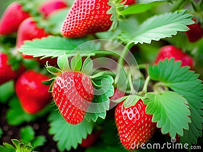 Strawberry plant with red strawberries in the garden isolated close-uo Stock Photo