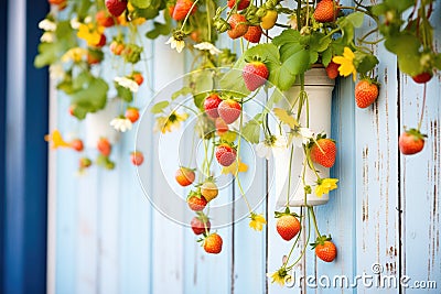 strawberry plants bearing fruit in a vertical hydroponic wall Stock Photo