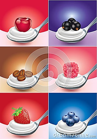 Strawberry, raspberry, cherry, blueberry with cream on teaspoon Stock Photo