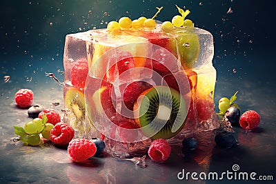 Strawberry, raspberry, kiwi, grapes and blueberry fruit ice, refreshing fruity icecream, AI Generated Cartoon Illustration