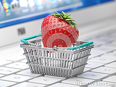Strawberry in a shopping basket on laptop keyboard. Sex shop online or buying intimate content concept Cartoon Illustration