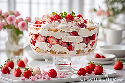 Strawberry Shortcake Trifle with vanilla ice cream and fresh berries. Strawberry summer dessert with ice cream, generative AI Stock Photo