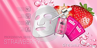 Strawberry skin care mask ads. Vector Illustration with strawberry smoothing mask and serum Vector Illustration