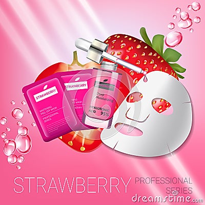 Strawberry skin care mask ads. Vector Illustration with strawberry smoothing mask and serum Vector Illustration