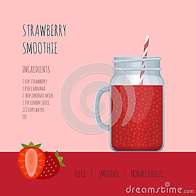 Strawberry smoothie mason jar with recipes and ingredients. Vector Illustration