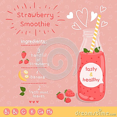 Strawberry smoothie recipe. Vector Illustration