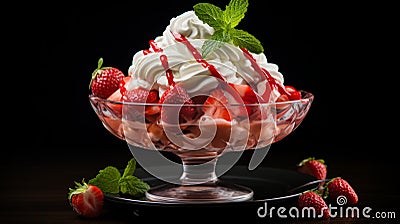 Strawberry Sorbet With Whipped Cream And Mint Leaves Stock Photo