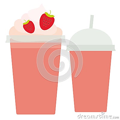 Strawberry Take-out smoothie transparent plastic cup with straw and whipped cream. Isolated on white background. Vector Vector Illustration