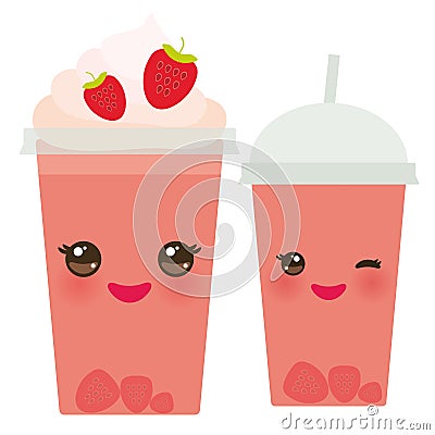 Strawberry Take-out smoothie transparent plastic cup with straw and whipped cream. Kawaii cute face with eyes and smile Isolated Vector Illustration