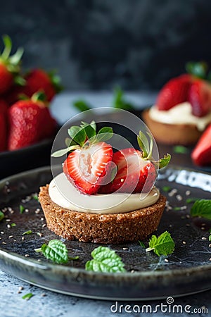 Strawberry tart on dark plate with mint decoration. Macro shot with selective focus Stock Photo