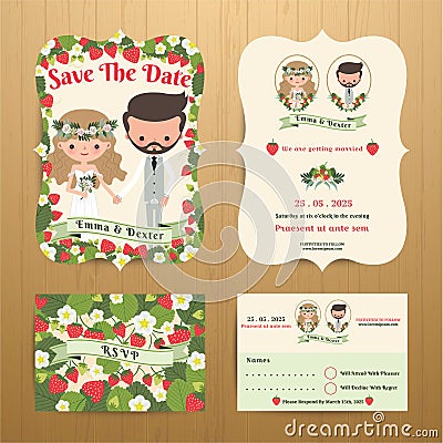 Strawberry theme wedding couple bride and groom Vector Illustration