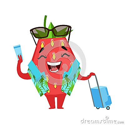 Strawberry traveler holding his ticket and suitcase. Cute cartoon emoji character vector Illustration Vector Illustration