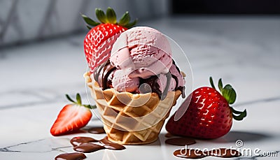 strawberry, vanilla, chocolate ice cream woth waffle cone on marble stone Stock Photo