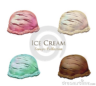 Strawberry, vanilla, chocolate taste. Blue, pink, brown, white - different flavor and colors ice cream scoops Stock Photo