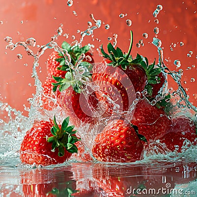 Strawberry water poster, splash of water, Solid color background, AI generated Stock Photo