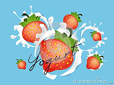 Strawberry yogurt, smoothie or sweet fruit milk Vector Illustration