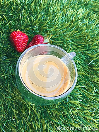 strawberrys with cup of coffee on the grass Stock Photo