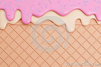 Strawberry and Vanilla Ice Cream Melted with Sprinkles on Wafer Background.,3d model and illustration Cartoon Illustration