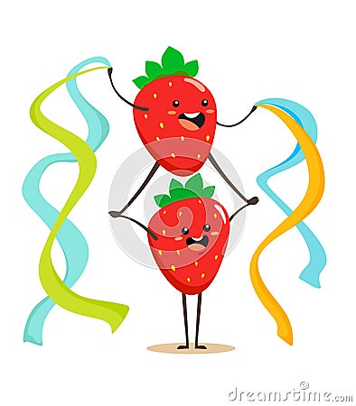 Funny cartoon strawberries with colored ribbons in their hands stand on top of each other. Vector illustration on white background Vector Illustration