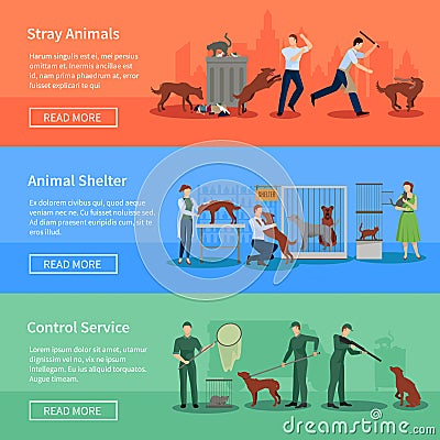 Stray Animals 3 Horizontal Banners Set Vector Illustration