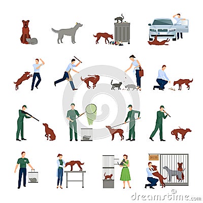 Stray Animals Icons Set Cartoon Illustration