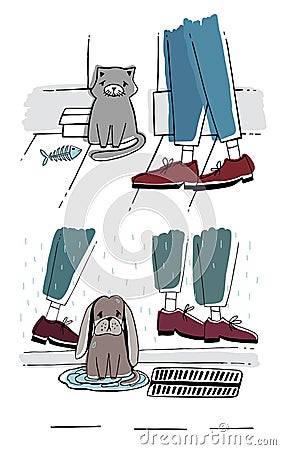 The stray cat and dog outside. Homeless pets with sad look. Hand drawn vector illustration. Vector Illustration