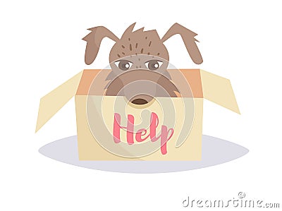 Stray dog in a box. Vector. Cartoon. Isolated Vector Illustration