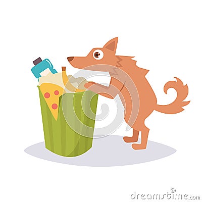 Stray dog rummaging in a trash can. Vector Illustration