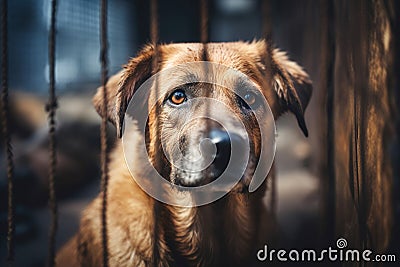 Stray homeless dog behind cage bars. Generate ai Stock Photo
