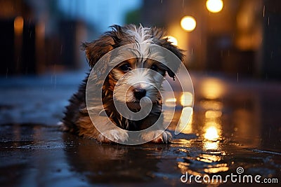 Stray puppy Getting Wet In Rain On the Road. Sad homeless puppy lying on the wet ground. Stock Photo