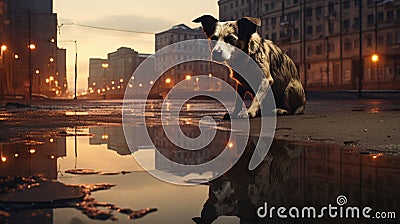 Stray street dog in the city. Lost hungry pet. Abandoned animal. AI Generated Stock Photo