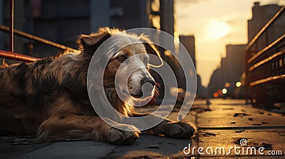 Stray street dog in the city. Lost hungry pet. AI Generated Stock Photo