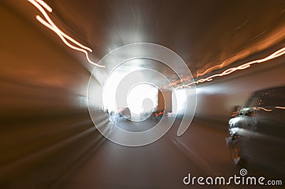 Streaked lights while driving through Lincoln Tunnel in New York City to New Jersey Stock Photo