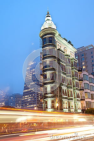 Streaking lights at Columbus Avenue with Sentinel building and Transamerica Pyramid Buildingat at the back Editorial Stock Photo