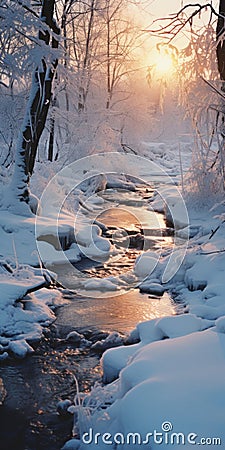 Icy Scenery A Photorealistic Winter Stream In Light White And Bronze Stock Photo