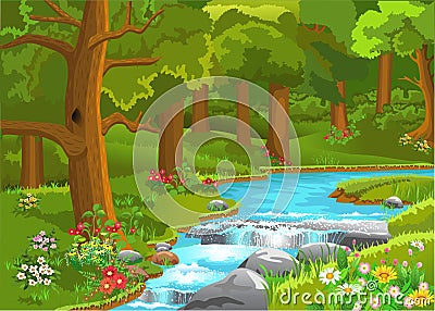 Stream flowing through the forest Vector Illustration