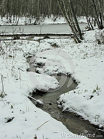 The stream flows into a frozen pond Stock Photo