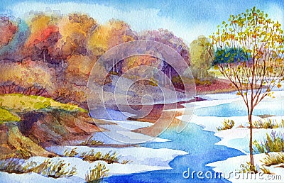 Stream in forest valley winter day. Watercolour landscape Stock Photo
