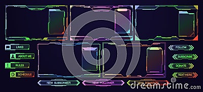 Stream Overlay, Mmo Game Menu, Neon Space Ui Frames Vector Set. Streaming Screens, Gamer Username Panels And Buttons Vector Illustration