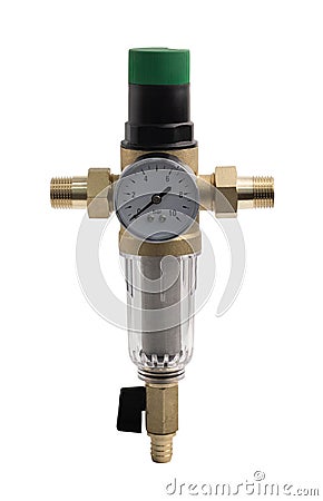 Stream self-cleaning filter with drain cock and manometer. Stock Photo