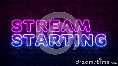 Stream starting background. Purple and Blue Neon inscription on a dark brick wall. Professional gaming stream banner design. Stock Photo