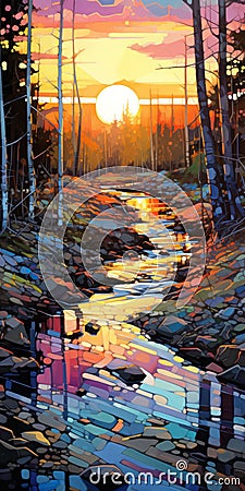 Vibrant Abstract Painting Of Rustic Creek At Sunset With Birch Trees Cartoon Illustration