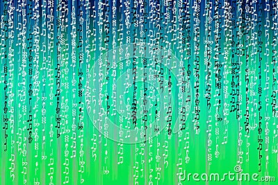 A stream of white and dark symbols of musical notes in the form of a matrix of binary computer code. Electronic, artificial music Stock Photo