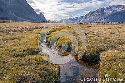 Stream winds through wild arctic landscape in Akshayuk Pass, Baffin Island, Canada. Moss valley floor and dramatic Stock Photo