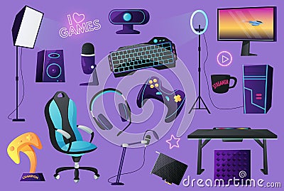 Streamer room assets. Gaming keyboard, chair and headphones. Gamer items cartoon vector set Vector Illustration