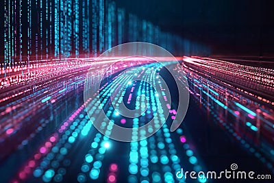 Streaming Binary Data on a Digital Road. Generative AI Stock Photo